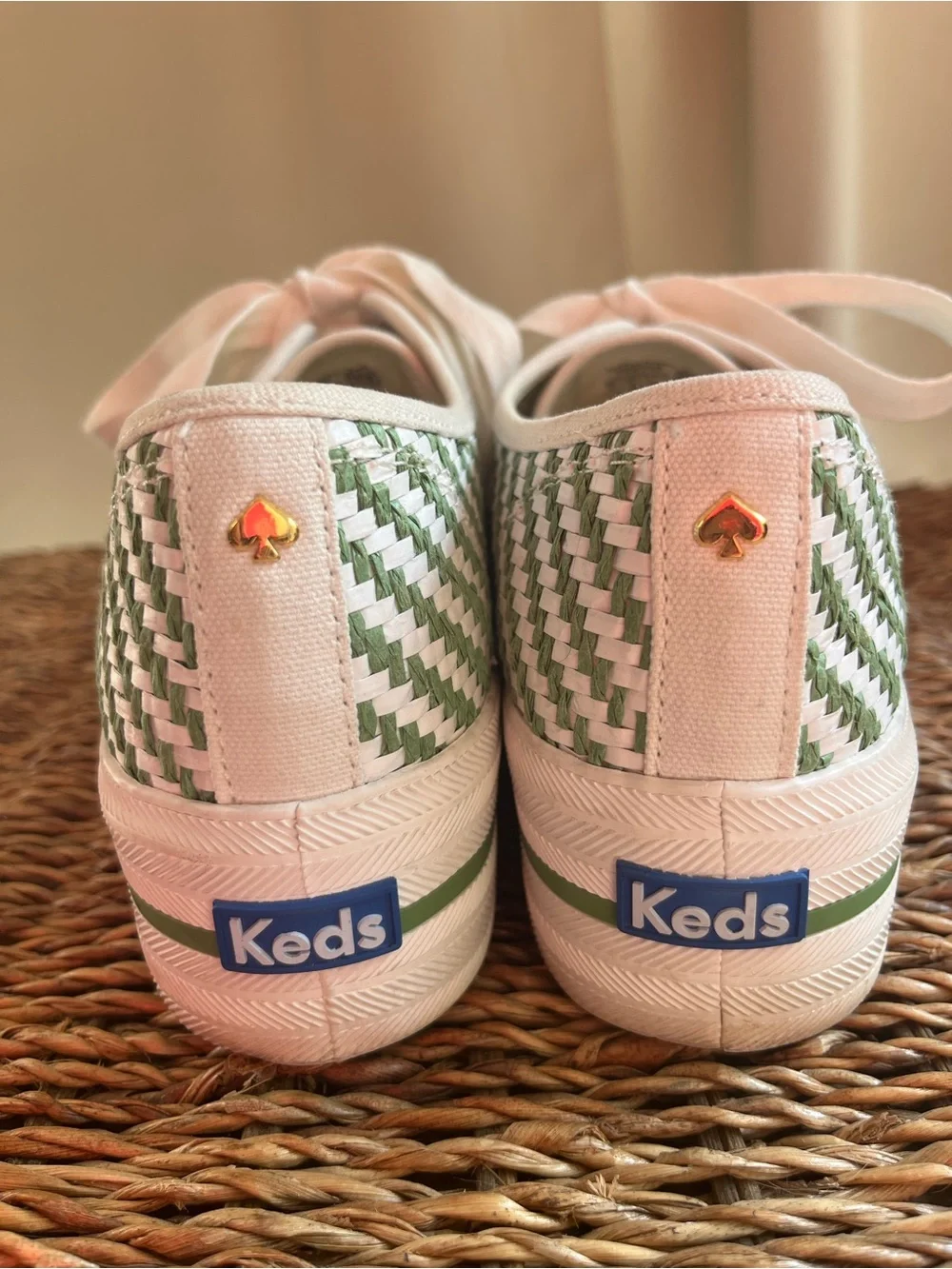kate spade x Keds White and Green Woven Platform Sneakers